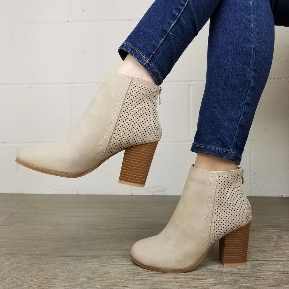 Beige Perforated Design Heel Ankle Booties - Picture 4 of 8
